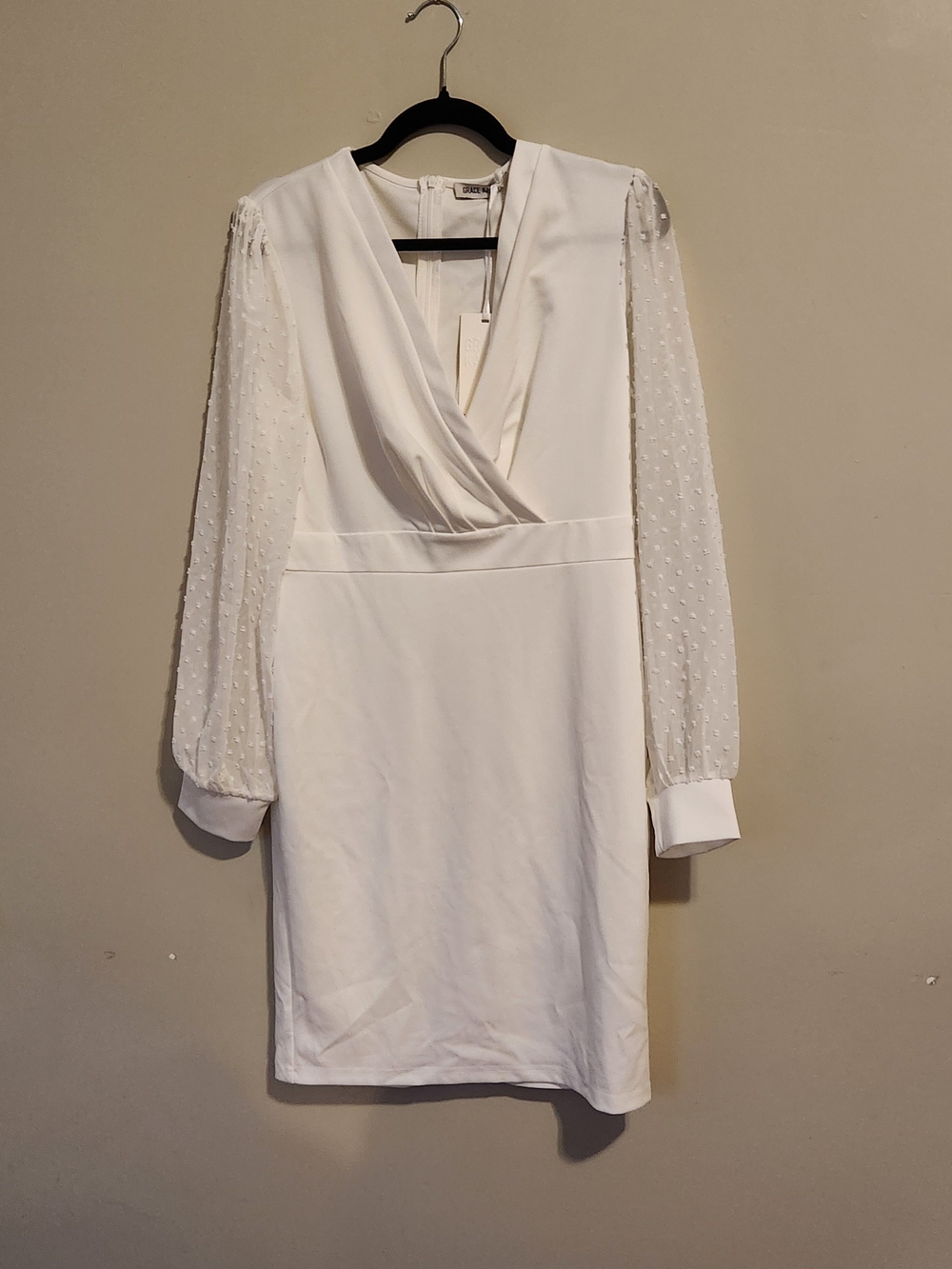 Grace Karin White Long-Sleeve V-Neck Sheer Sleeve Dress NWT